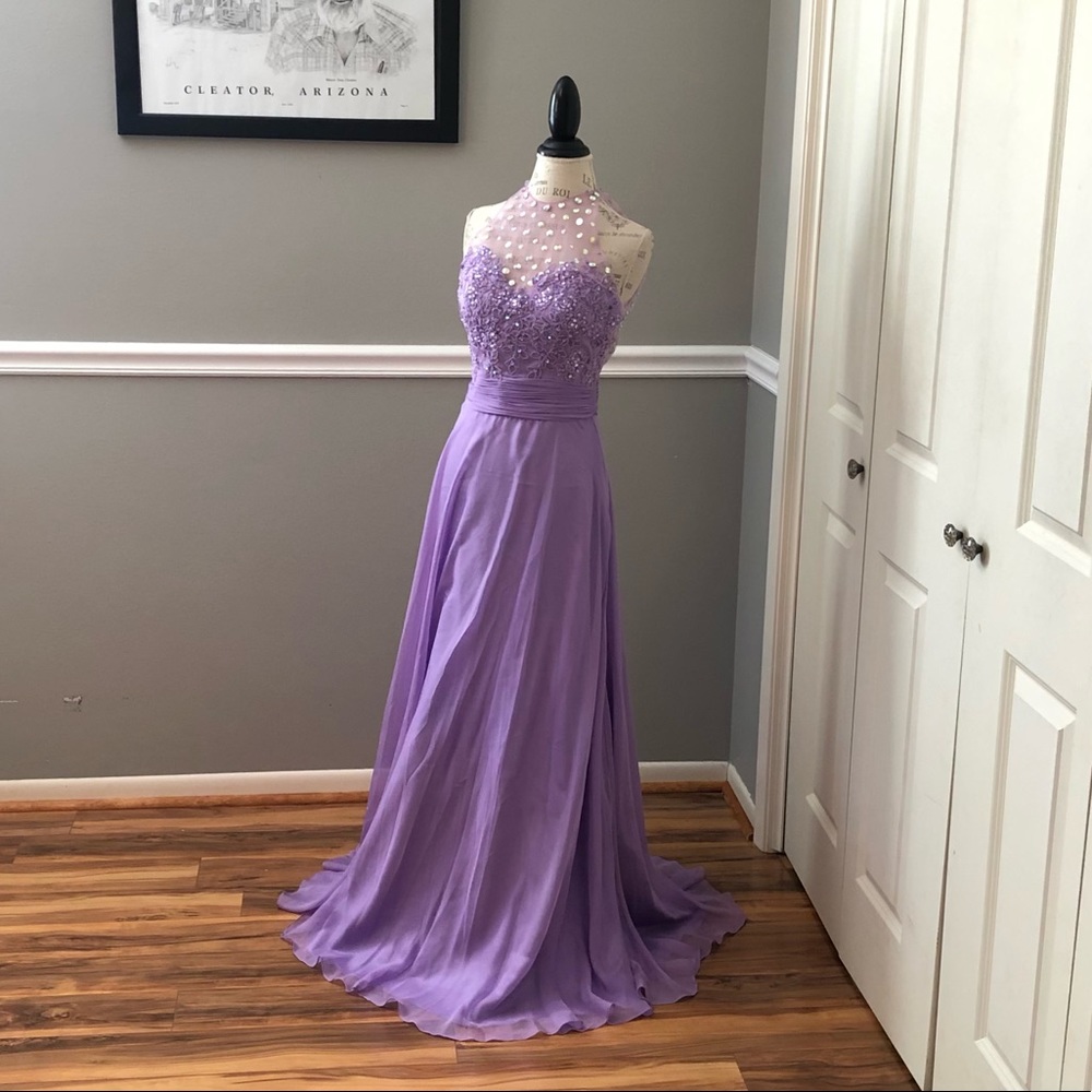 🔴CLEARANCE NEW STUDIO 17 SZ 8 LILAC BEADED ILLUSION CHIFFON FORMAL EVENING GOWN - Picture 2 of 15